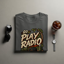 Load image into Gallery viewer, Gray t-shirt with "GO PLAY RADIO" graphic featuring a tree, radio, and equipment.