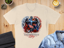 Load image into Gallery viewer, Cream t-shirt with patriotic eagle wings, cross, and "Independence Day" text.