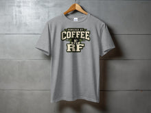 Load image into Gallery viewer, Grey t-shirt with "Powered by Coffee and RF" graphic and coffee cup icon.