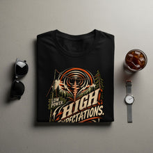 Load image into Gallery viewer, Black t-shirt with "Low Power. High Expectations" graphic and mountain scene.