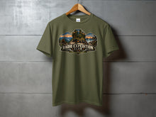 Load image into Gallery viewer, Olive green t-shirt with "Radio Expedition Club" graphic and landscape scene.