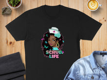Load image into Gallery viewer, Black t-shirt with woman in nurse hat, butterflies, and "Scrub Life" text.