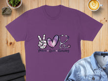 Load image into Gallery viewer, Purple t-shirt with "Peace Love Nursing" text and peace sign, heart, stethoscope graphics.