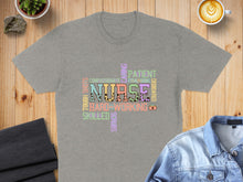 Load image into Gallery viewer, Grey t-shirt with colorful word cloud featuring "Nurse" prominently.