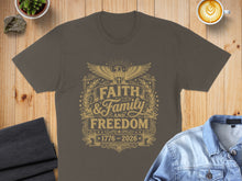 Load image into Gallery viewer, Brown t-shirt with "Faith & Family & Freedom" text and eagle design.