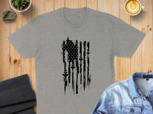 Load image into Gallery viewer, Grey t-shirt with a distressed black American flag featuring fighter jets.