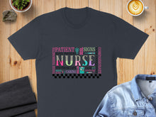 Load image into Gallery viewer, T-shirt graphic with "NURSE" in large letters surrounded by medical terms.