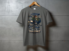 Load image into Gallery viewer, Gray t-shirt with exploded view of vintage radio and "Built to Transmit" text.