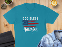 Load image into Gallery viewer, Teal t-shirt with distressed American flag and "God Bless America" text.