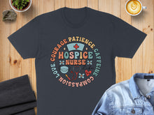 Load image into Gallery viewer, Dark grey t-shirt with "Nurse Life" surrounded by "Courage, Patience, Caffeine, Compassion, Love".