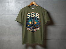 Load image into Gallery viewer, Green t-shirt with SSB, microphone, radio equipment, and globe graphic.
