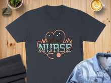 Load image into Gallery viewer, Dark t-shirt with "School Nurse" and stethoscope design.