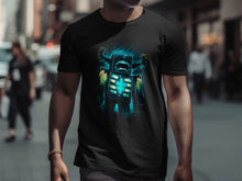 Load image into Gallery viewer, Neon Pixelated Robot Design on Black T-Shirt