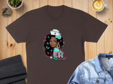 Load image into Gallery viewer, Brown t-shirt featuring a nurse graphic with text "Her Nurse" and butterflies.