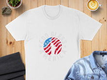 Load image into Gallery viewer, White t-shirt with "God Bless America" and distressed American flag design.