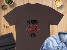Load image into Gallery viewer, Brown t-shirt with red and blue "No Kings in America Since 1776" graphic.