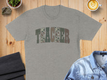 Load image into Gallery viewer, Gray t-shirt with "TEACHER" spelled out in camouflage and plaid patterns.