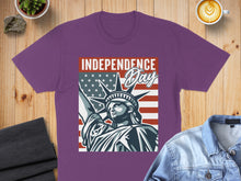 Load image into Gallery viewer, Purple t-shirt with Statue of Liberty and "Independence Day" text.