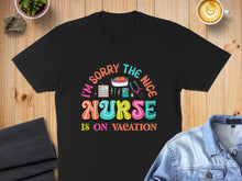 Load image into Gallery viewer, Black t-shirt with "I'm sorry the nice nurse is on vacation" text design.