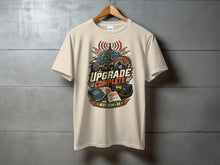Load image into Gallery viewer, T-shirt with "Upgrade Complete" text and radio-themed graphics, including a globe and meters.
