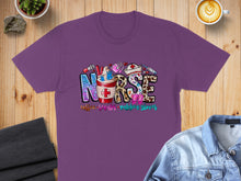 Load image into Gallery viewer, Purple t-shirt with "NURSE" in colorful letters and medical icons.