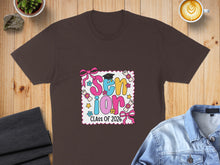 Load image into Gallery viewer, Brown t-shirt with "Senior Class of 2026" in colorful letters and graduation icons.