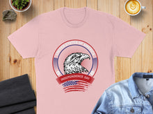 Load image into Gallery viewer, Pink t-shirt with eagle and USA flag Independence Day graphic.