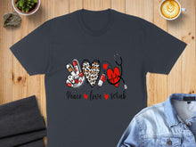 Load image into Gallery viewer, T-shirt graphic with peace sign, leopard hearts, stethoscope, and text "Peace Love Scrub".