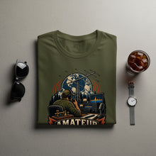 Load image into Gallery viewer, T-shirt graphic shows "AMATEUR" radio operator with globe, antenna, and equipment.