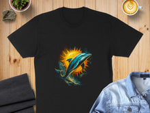 Load image into Gallery viewer, Vibrant Dolphin Illustration on Black T-shirt Product