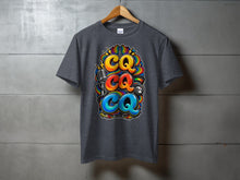 Load image into Gallery viewer, Dark gray t-shirt with vibrant "CQ CQ CQ" graphic, microphone, and radio dial.