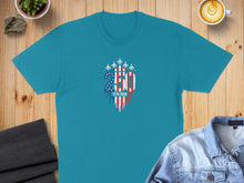 Load image into Gallery viewer, Teal t-shirt with "250" American flag motif and fighter jets, "1776-2026".