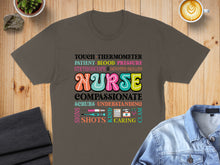 Load image into Gallery viewer, NURSE text design with medical terms and tools, on a t-shirt.
