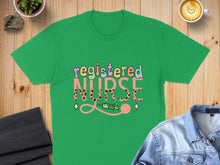 Load image into Gallery viewer, Green t-shirt with "registered NURSE" text and syringe graphic.