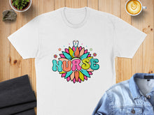 Load image into Gallery viewer, White t-shirt with "NURSE" in colorful flower petals and stethoscope design.