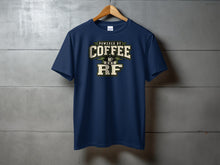 Load image into Gallery viewer, Navy t-shirt with "Powered by Coffee and RF" graphic and coffee cup icon.
