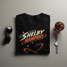 Load image into Gallery viewer, Black t-shirt with retro "Shelby Hamfest" graphic and radio tower.