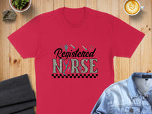 Load image into Gallery viewer, Red t-shirt with "Registered Nurse" text and medical icons.