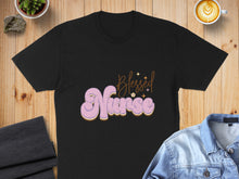 Load image into Gallery viewer, Black t-shirt with "Blessed Nurse" text in pink and purple retro font.