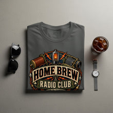 Load image into Gallery viewer, Gray t-shirt with "Home Brew Radio Club" graphic featuring vintage radio equipment.