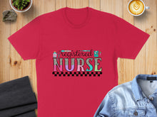 Load image into Gallery viewer, Red t-shirt with "Registered Nurse" text in colorful leopard print and checkered pattern.