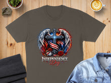 Load image into Gallery viewer, Cross with wings and roses, "Independence Day" text.