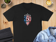 Load image into Gallery viewer, Black t-shirt with patriotic 250th anniversary design and fighter jets.