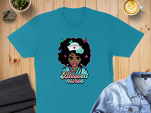 Load image into Gallery viewer, Teal t-shirt featuring a colorful illustration of a nurse with butterflies.