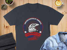 Load image into Gallery viewer, Dark t-shirt with eagle and "United States of America Independence Day" text.