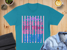 Load image into Gallery viewer, Teal t-shirt with pink and blue stripes, reads "Teach them, love them, watch them grow."