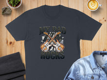 Load image into Gallery viewer, Dark t-shirt with "My Dad Rocks" and two electric guitars design.