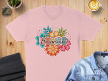Load image into Gallery viewer, Pink t-shirt with "Hospice" text surrounded by colorful flowers.
