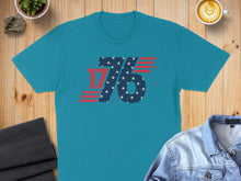 Load image into Gallery viewer, Teal t-shirt with distressed "1776" graphic and red and blue stripes.