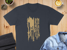 Load image into Gallery viewer, Dark t-shirt with distressed American flag design featuring military aircraft.